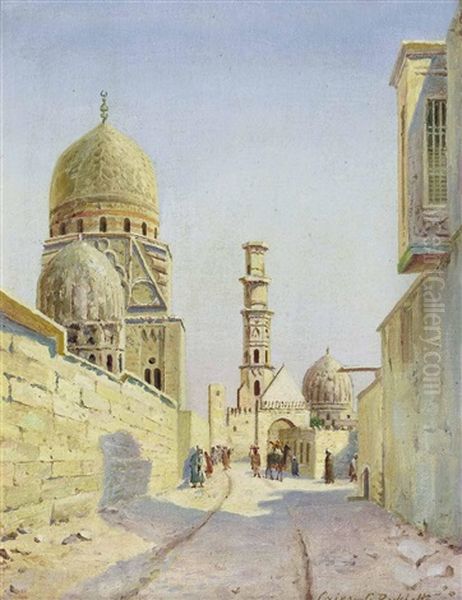 Belebte Strase In Kairo Mit Ibn-tulun-moschee Oil Painting by Gustav Rockholtz