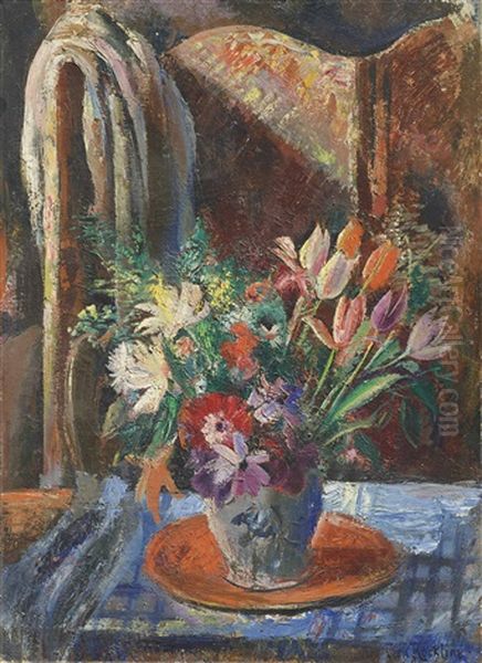 Nature Morte Au Bouquet Et Au Paravent Oil Painting by Vera Rockline