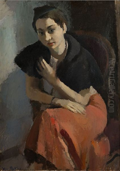 Woman In A Pink Dress And Black Fur Oil Painting by Vera Rockline