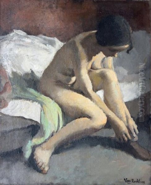 Jeune Femme Enfilant Un Bas Assise Sur Un Lit Oil Painting by Vera Rockline