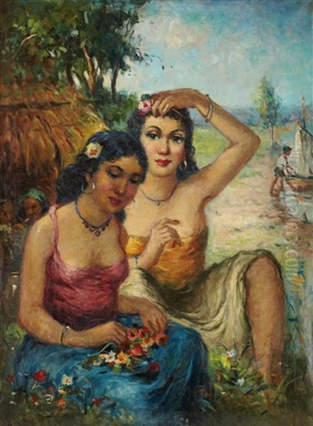 Deux Jeunes Filles Dans Un Paysage Oil Painting by Vera Rockline