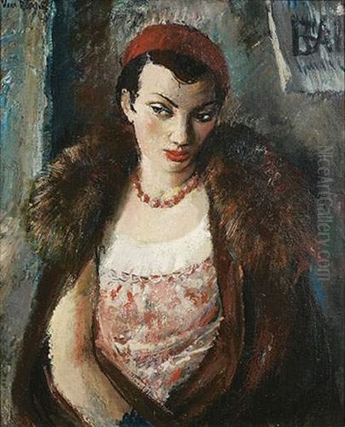 Femme A La Fourrure, Collier Et Beret Rouge Oil Painting by Vera Rockline