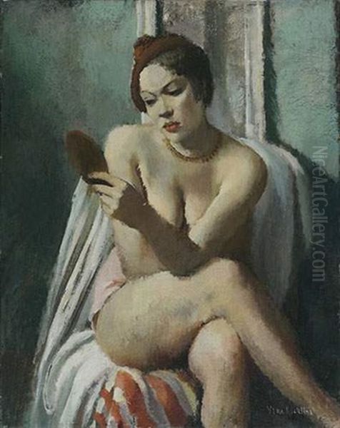 Nu Au Beret Rouge A Sa Toilette Oil Painting by Vera Rockline