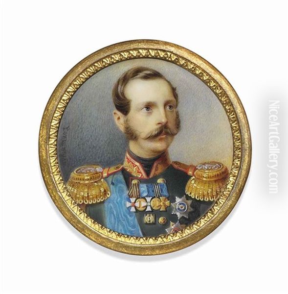 Alexander Ii (1818-1881), Tsar Of Russia, In Dark Green Uniform With Gold-embroidered Red Collar, Gold Epaulettes Oil Painting by Alois Gustav Rockstuhl