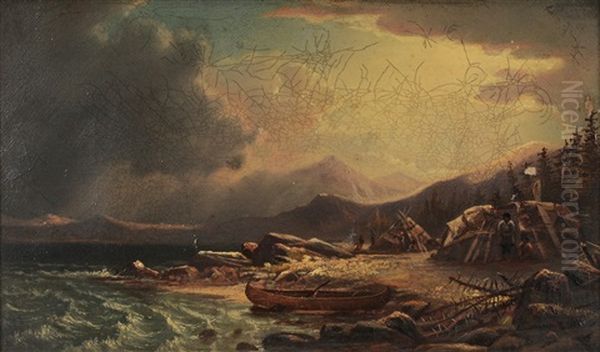 Grove Point, Coast Of Labrador, With Inuit Village Oil Painting by Augustus Rockwell