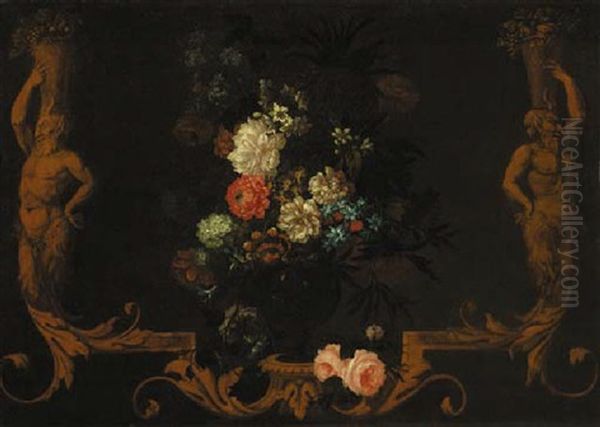 Carnations, Roses, Daffodils And Other Flowers In A Vase Within A Sculptured Frame Oil Painting by Nicholas Rocoeur