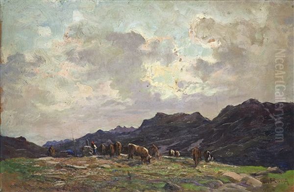 Pascolo In Alta Montagna (val D'aosta) Oil Painting by Leonardo Roda