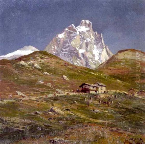 A View Of Monte Cervino With Cattle Grazing In Front Of A Village by Leonardo Roda