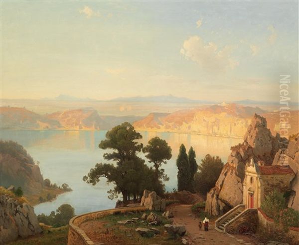 View Of The Lago Di Nemi Near Rome Oil Painting by Carl Gustav Rodde