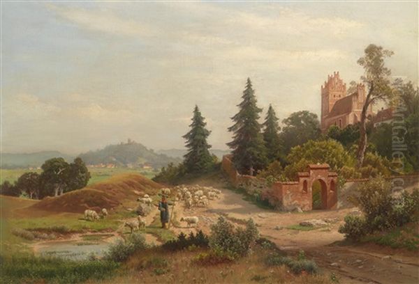 Weite Landschaft Mit Schafhirtin Am Heimweg Oil Painting by Carl Gustav Rodde