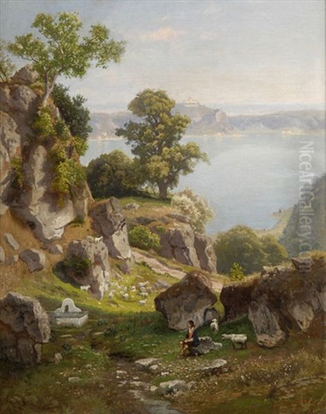 Italienische Seenlandschaft Mit Blick Auf Ein Kastell Oil Painting by Carl Gustav Rodde