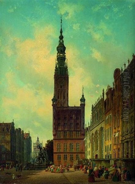 Gotisches Rathaus Und Vorderer Teil Des Langen Marktes In Danzig by Carl Gustav Rodde