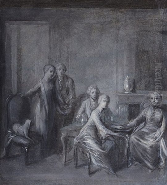 An Interior With Five Figures, Possibly The Artist's Family Oil Painting by Bernhard (Christian Bernhard) Rode