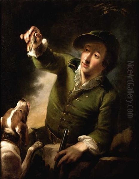 Portrait De Chasseur Avec Son Chien Oil Painting by Bernhard (Christian Bernhard) Rode