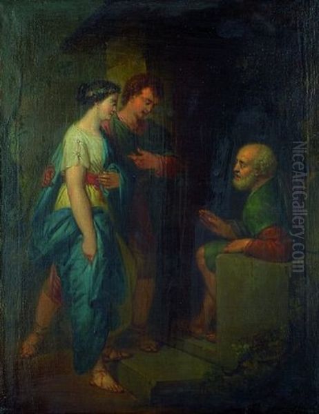 Szene Aus Der Antiken Geschichte - Ein Junges Paar Vor Einem Sitzenden Greis Oil Painting by Bernhard (Christian Bernhard) Rode