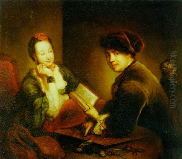 Portrait Of A Lady And A Gentleman Seated At A Table In An Interior Oil Painting by Bernhard (Christian Bernhard) Rode