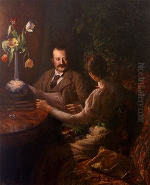 Plauderndes Paar In Interieur Zur Abendzeit Oil Painting by Ingeborg Martha Kolling Rode