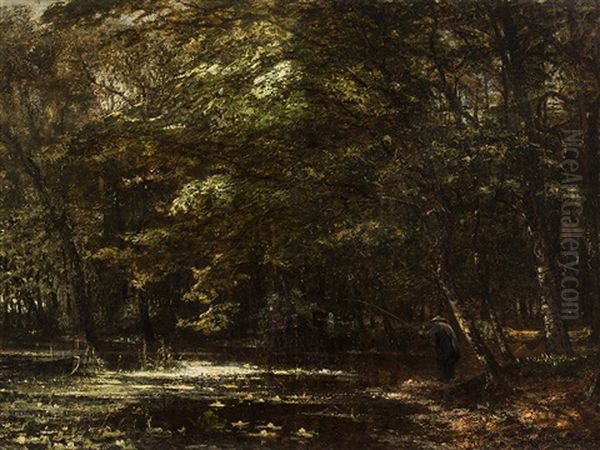 Forest Landscape With Angler Oil Painting by Carl Rodeck