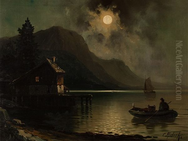 A Full Moon Night Oil Painting by Carl Rodeck