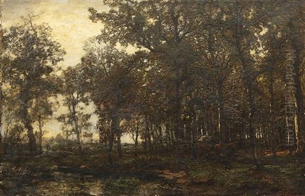 Sommerliche Waldlandschaft In Der Morgendammerung, Am Ufer Eines Bachlaufs Beladenes Pferdefuhrwerk Oil Painting by Carl Rodeck