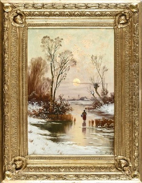 Winterlandschaft Am Abend Mit Bauerin, Die Uber Den Zugefrorenen See Dem Hof Entgegen Geht Oil Painting by Carl Rodeck