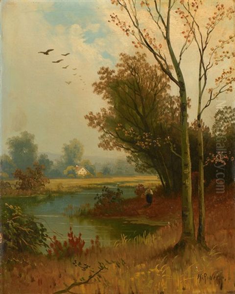 Herbstliche Fluslandschaft (+ Vollmondbeschienene Fluslandschaft; 2 Works) Oil Painting by Carl Rodeck