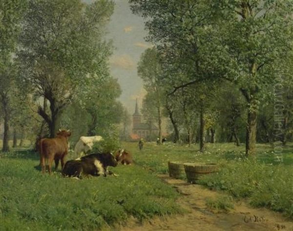 Wiese Mit Kuhen Und Einer Kirche Im Hintergrund Oil Painting by Carl Roeder