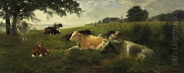 Morgenruhe. Lagernde Kuhherde Am Flusufer Oil Painting by Carl Roeder