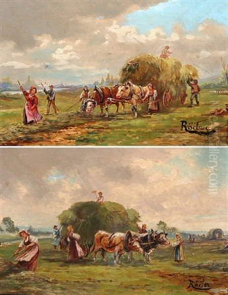 Bauern Bei Der Heuernte (pair) Oil Painting by Carl Roeder