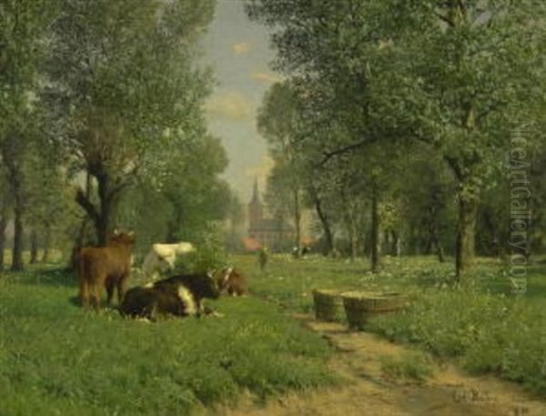 Baumlandschaft Mit Ruhenden Kuhen Oil Painting by Carl Roeder