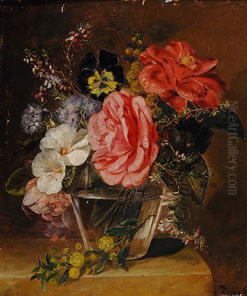 Flowers In Glass Vase On A Plinth Oil Painting by Elselina Agenita Cornelia Roeder