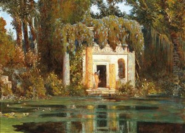 Park Landscape With Pond And Sprite Oil Painting by Max Roeder