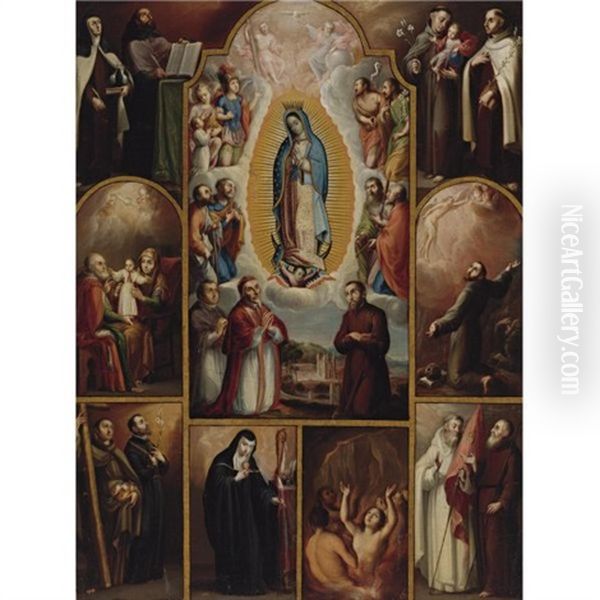 The Virgin Of Guadalupe Surrounded By Archangels, Saints And Donors Oil Painting by Juan Rodriguez Juarez