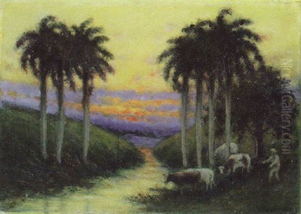 Atardecer Con Ganado Oil Painting by Antonio Rodriguez Morey