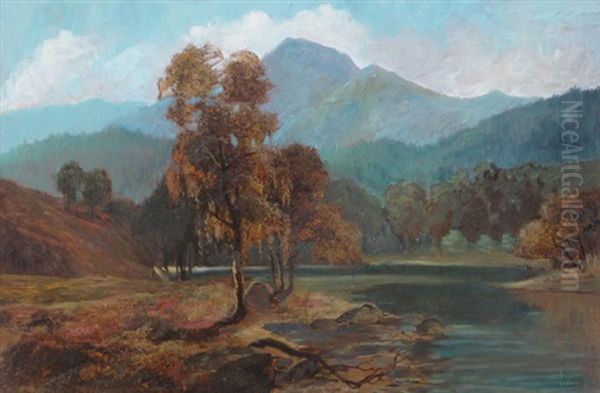 Scottish Loch At Dusk, An Autumn Landscape With Mountains In The Background Oil Painting by Clarence Henry Roe