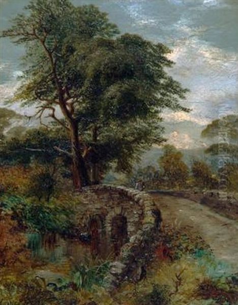 A Highland Glen With Figure Crossing A Bridge Oil Painting by Clarence Henry Roe