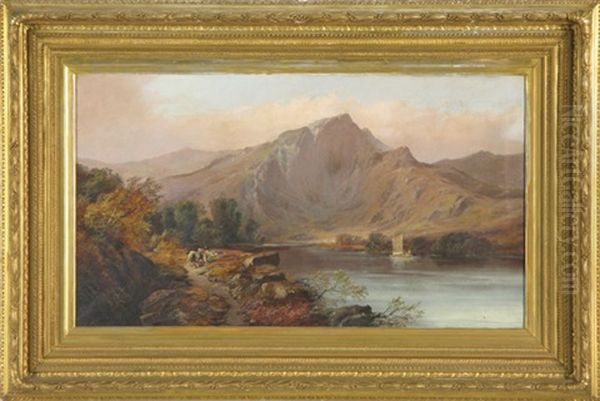 Highland Mountain Landscape With Shepherd And Cattle On Footpath, Sailboat On Lake Oil Painting by Clarence Henry Roe