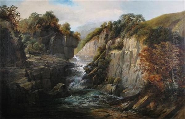 A Waterfall In A Rocky Gorge Oil Painting by Clarence Henry Roe