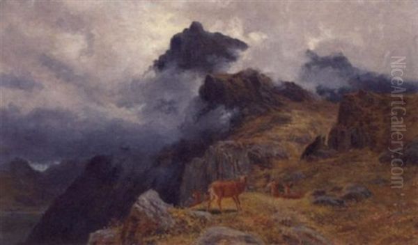 A Stag And Hines In A Highland Landscape Oil Painting by Clarence Henry Roe