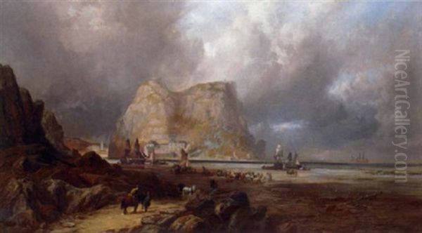 Fisherfolk Crossing A Beach, A Harbour Beyond Oil Painting by Clarence Henry Roe