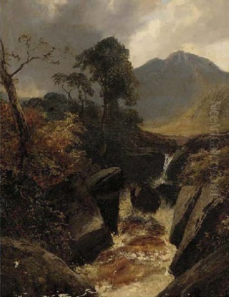 A Highland Torrent Oil Painting by Clarence Henry Roe