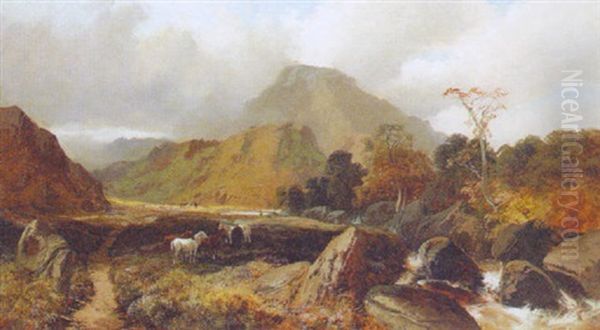 Ponies By A Stream In A Mountainous Landscape Oil Painting by Clarence Henry Roe