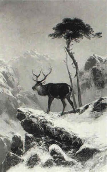 A Stag In The Snow Oil Painting by Clarence Henry Roe