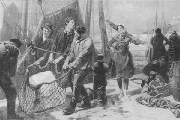 Sunny Boulogne, Fishermen Landing Ice On The Quay Oil Painting by Frederick Rushing Roe