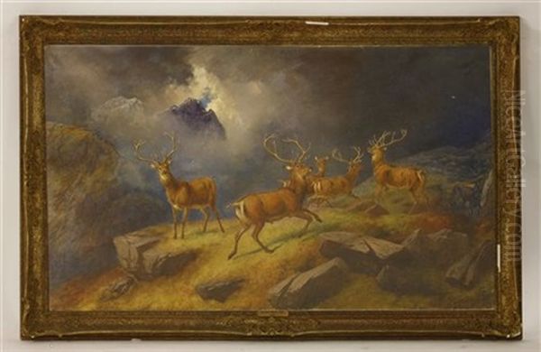 Stags In A Highland Landscape Oil Painting by Robert Henry Roe