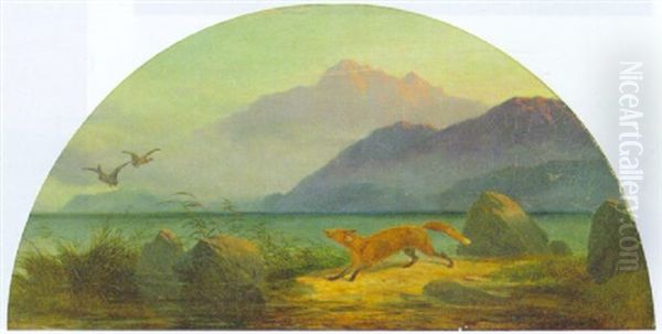 A Fox Chasing Mallards At The Edge Of A Lake Oil Painting by Robert Henry Roe