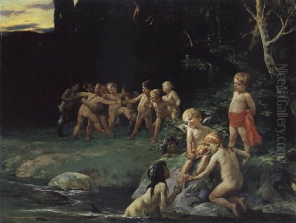 Idylle Am Wasser. Spielende Nixen, Faunsknaben Und Eroten Oil Painting by Ernst Roeber