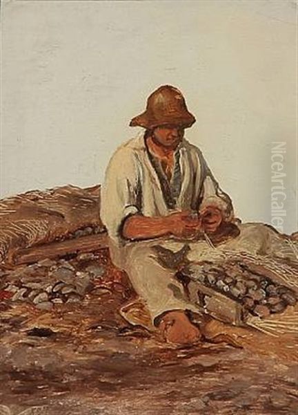 A Fisherman Fixing His Fishing Net Oil Painting by Holger Peter Roed