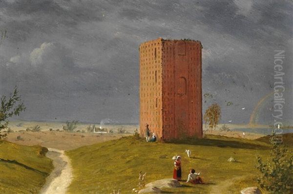 Landscape With Tower And Rainbow, Probably From Osterlen In Sweden Oil Painting by Jorgen Roed