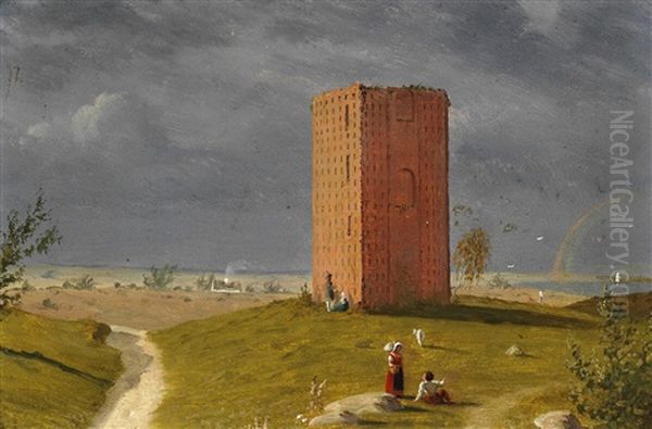 Landscape With Tower And Rainbow, Probably From Osterlen In Sweden Oil Painting by Jorgen Roed